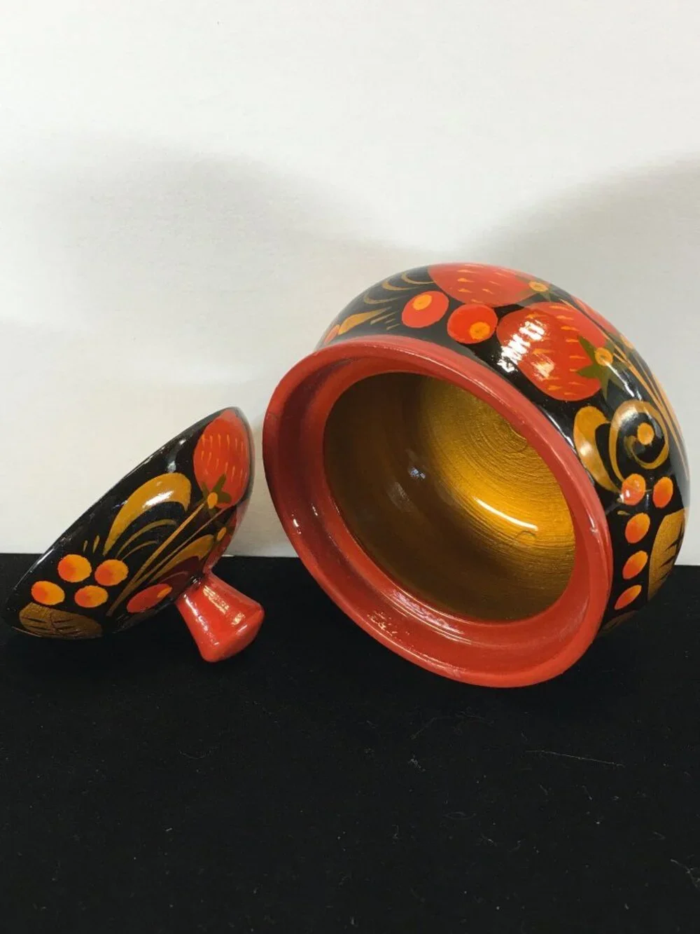 Vintage Russian Khokhloma Lacquered Wood Jar with Lid Painted Red Black